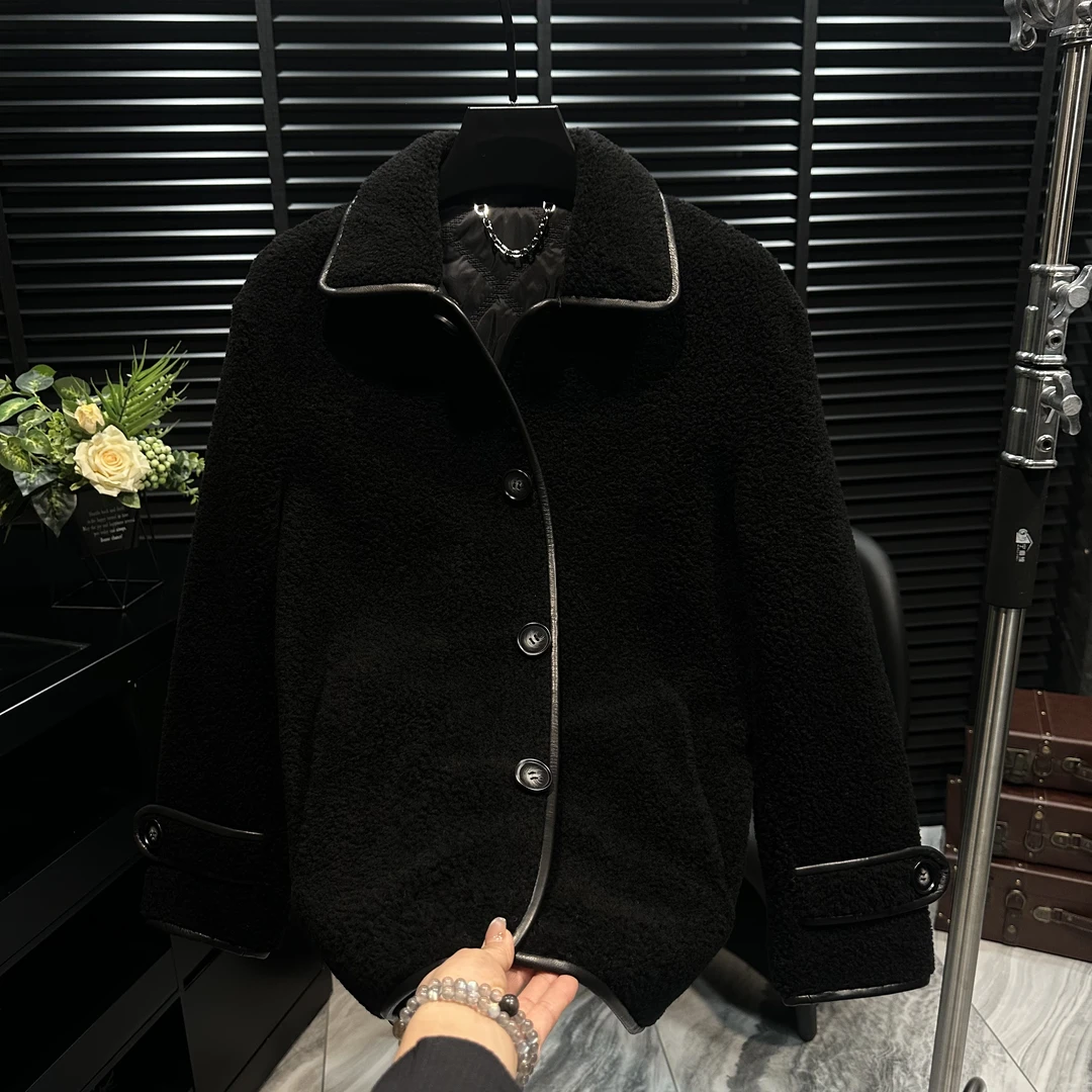 冬季保暖轻奢男士加厚羊毛拼皮设计翻领夹克外套可过冬