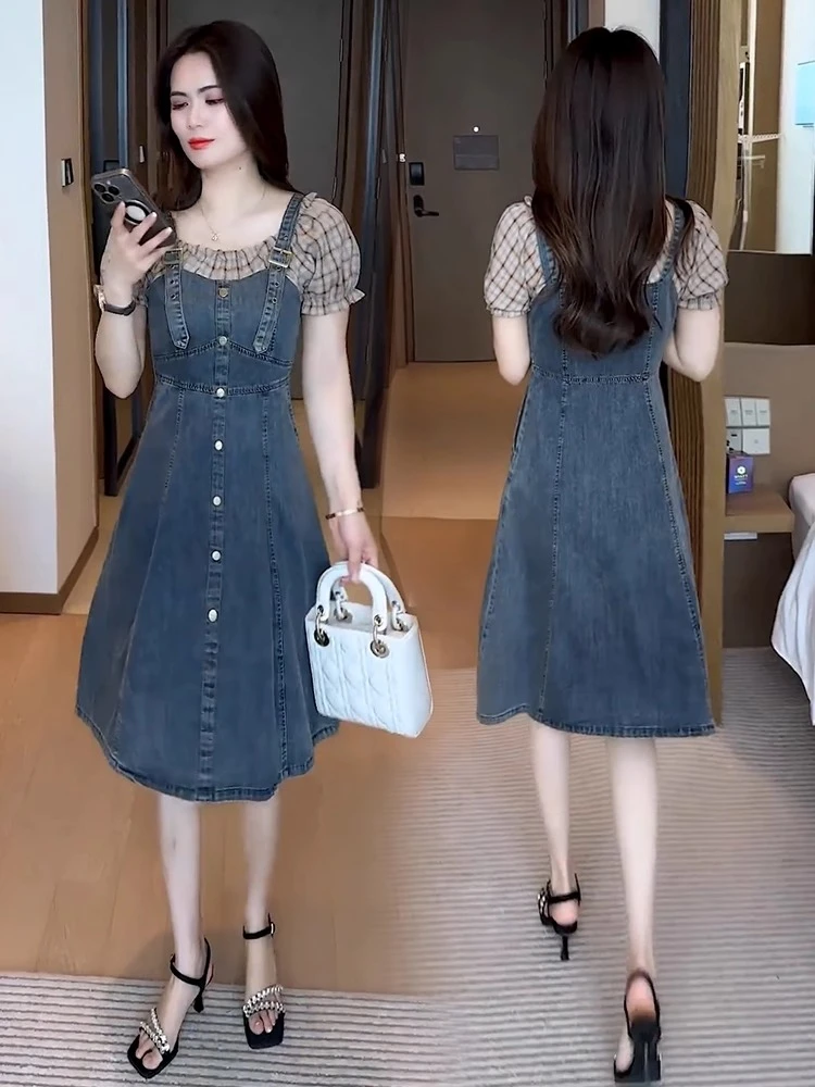 时尚洋气连衣裙女2025夏季新款设计感小个子假两件显瘦牛仔背带裙