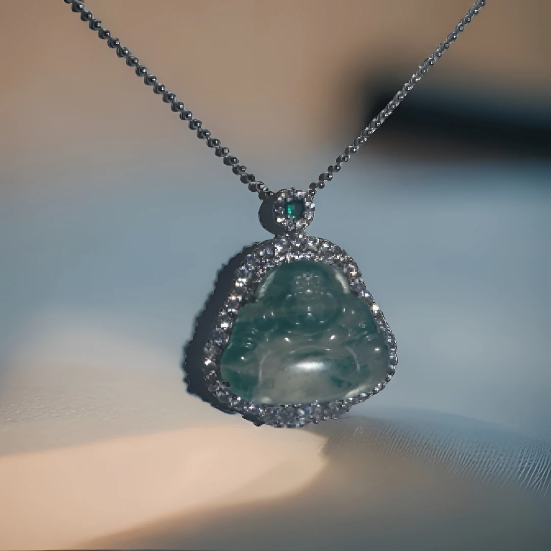 链子925银 非洲翠 精雕佛公女款满镶弥勒佛玉坠