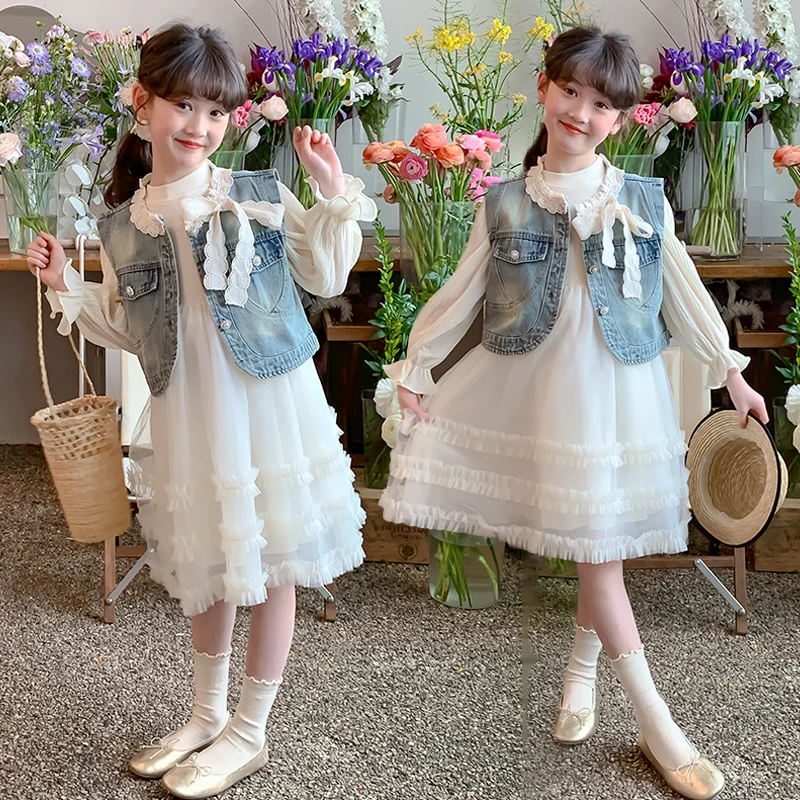 女童春秋款套装裙2025新款洋气女孩牛仔马甲网纱公主连衣裙两件套