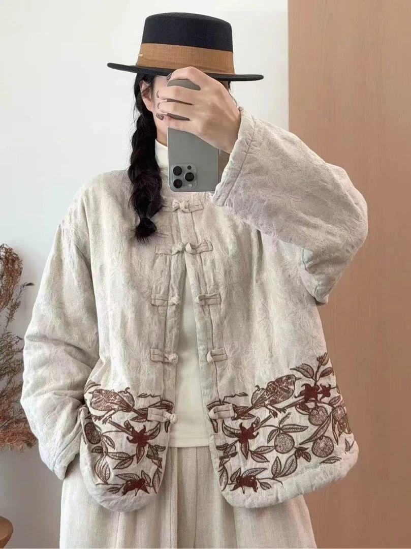 359#【知春】上衣长袖2025新款中国风复古立领花纹厚款唐装棉服气质