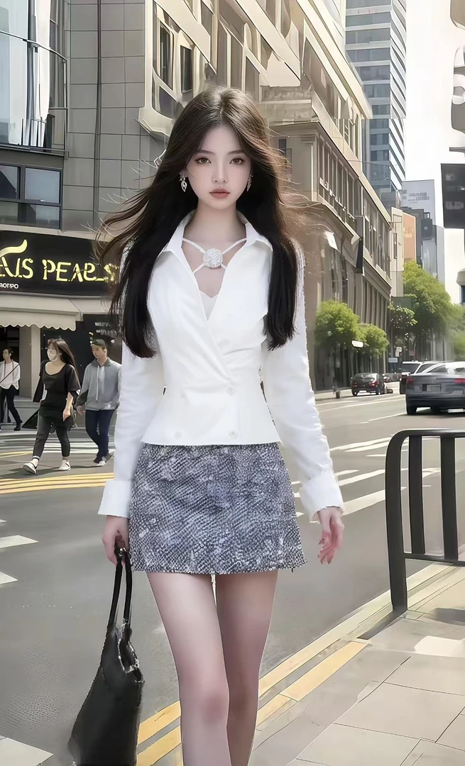 高级感小众时尚白色翻领长袖修身上衣+撞色包臀设计感半身裙套装