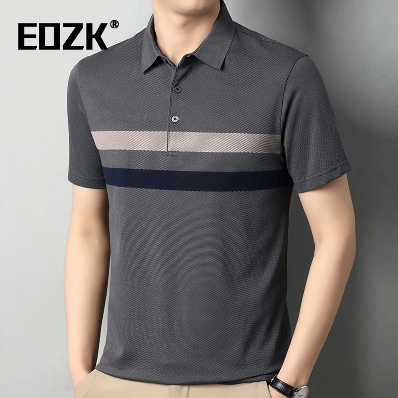 Eozk男短袖T恤翻领条纹绅士轻商务高品质POLO衫中年夏季薄款体恤