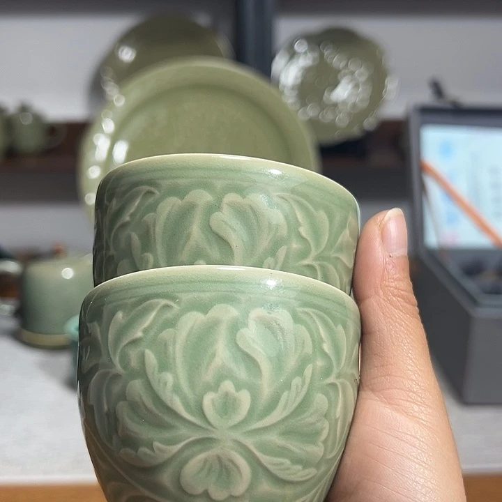 耀州窑青釉小缸杯2只