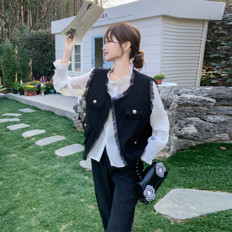 复古小香风套装裤女2025早春新款韩系穿搭时髦百搭马甲衬衫三件套