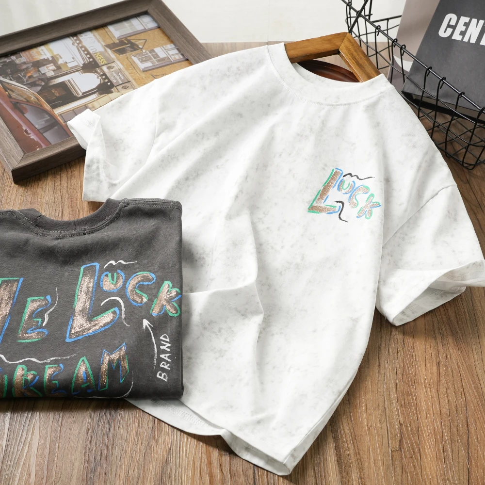 夏款儿童时尚烫金涂鸦喷绘短袖扎染T恤休闲上衣男童圆领百搭2537