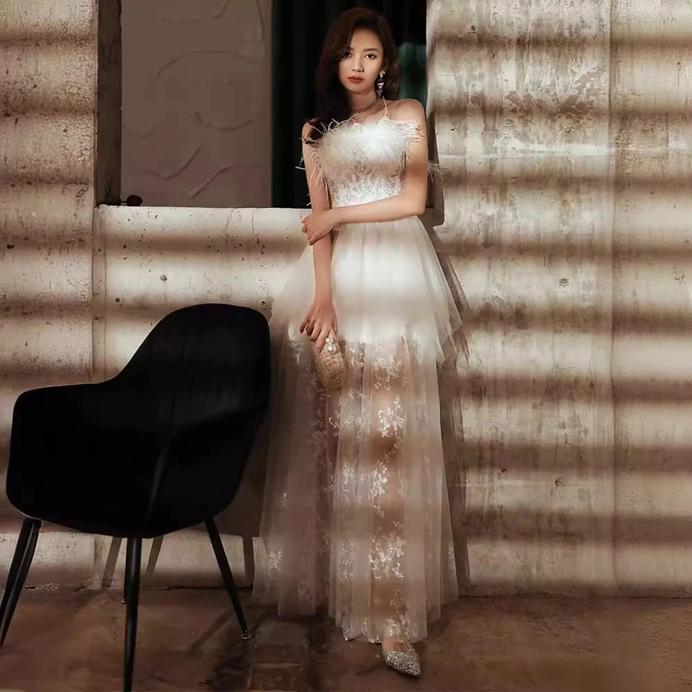 晚礼服女2025夏季新款仙气质宴会生日女名媛法式赫本羽毛毕业礼服