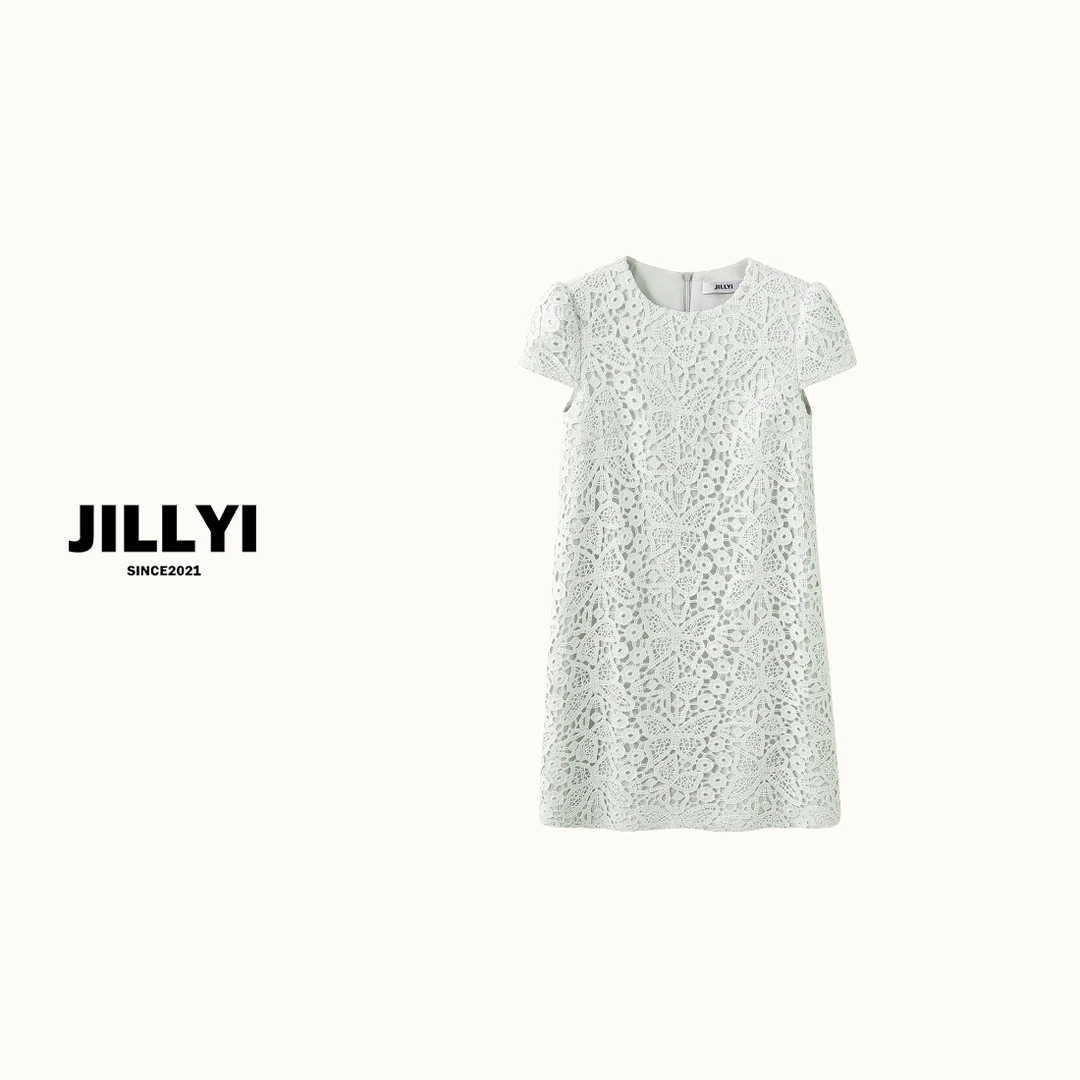JILLYI南山店【青梅绿茶】绿色圆领镂空工艺小众时尚连衣裙轻奢重工