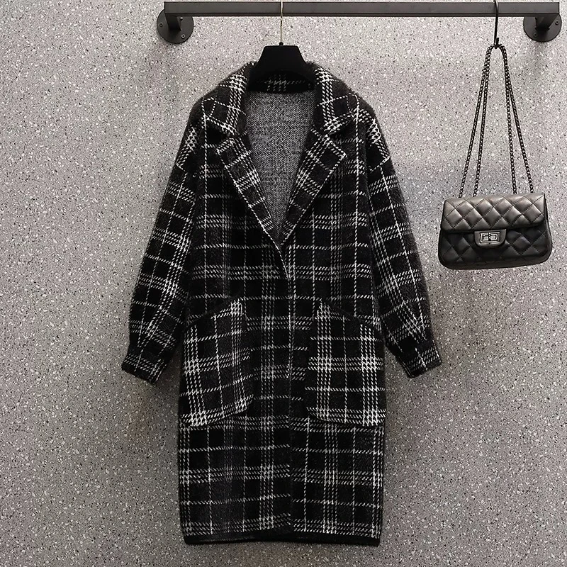 B22韩版格子大衣西装领秋冬款外套女宽松中长款小个子
