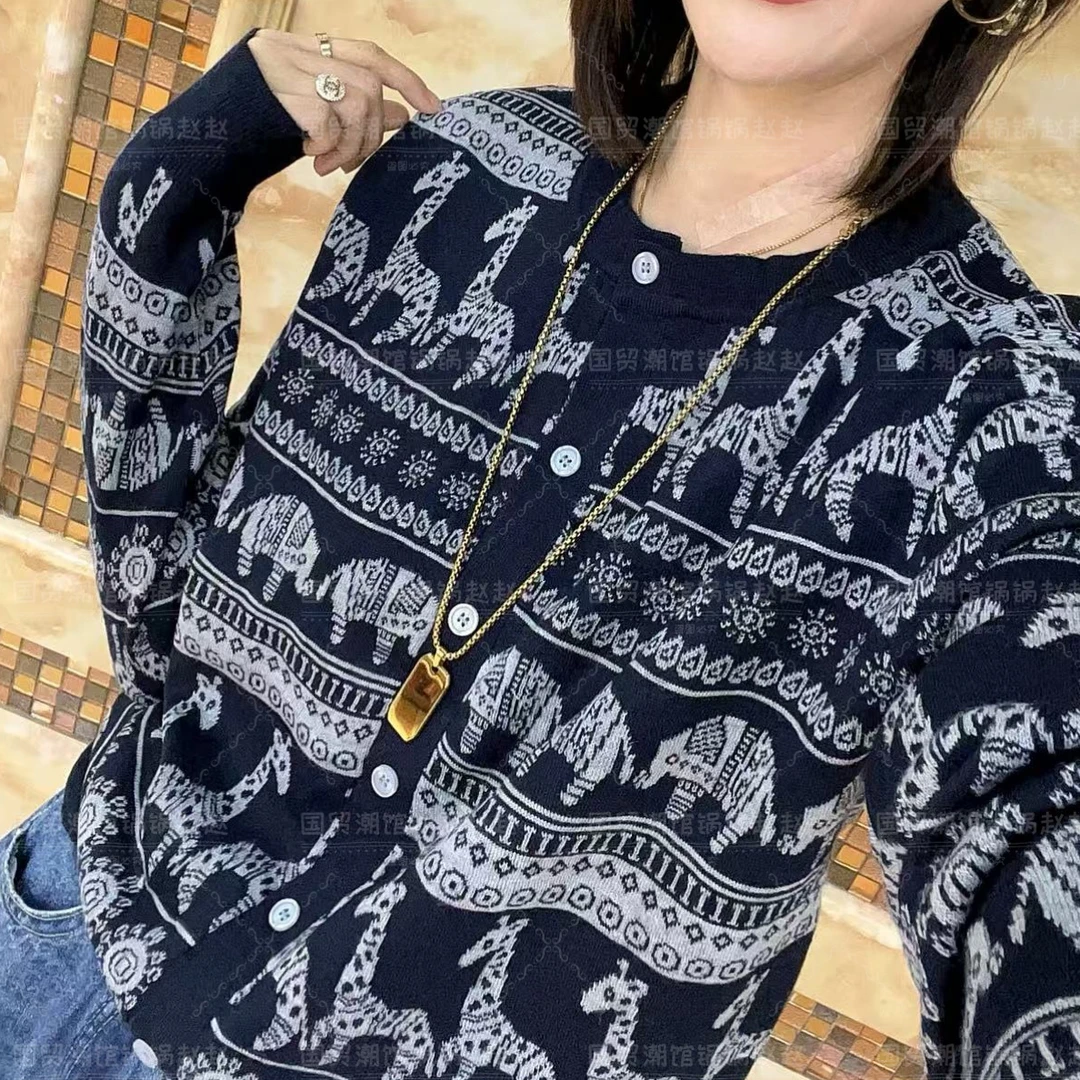 开衫小象长劲鹿秋季女毛针织衫针织衫针织印花复古圆领长袖衬衫