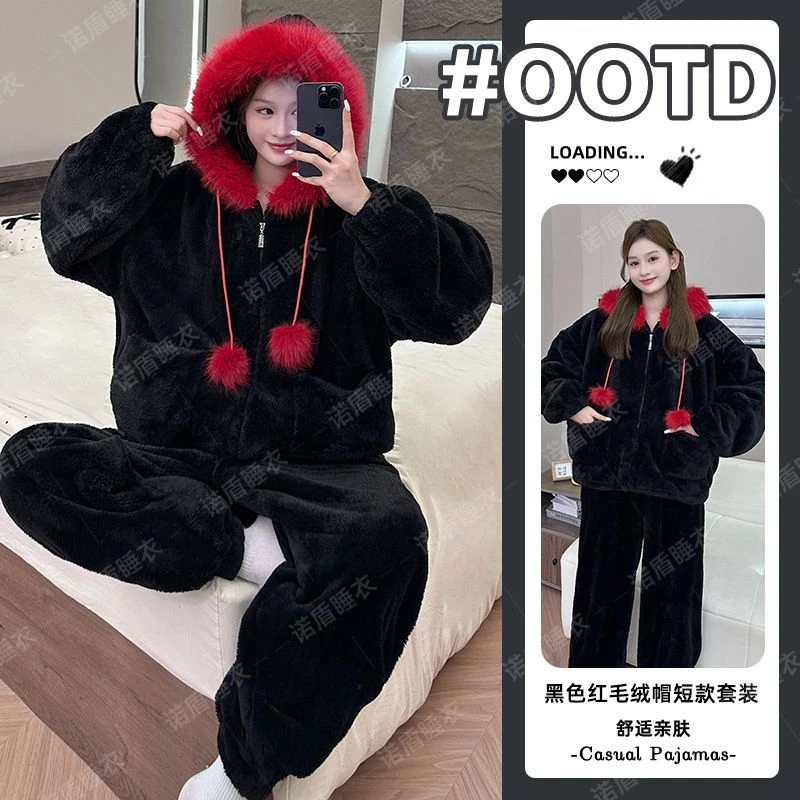 秋冬季长毛绒连帽睡衣女款保暖加绒加厚珊瑚绒纯色家居服套装外穿