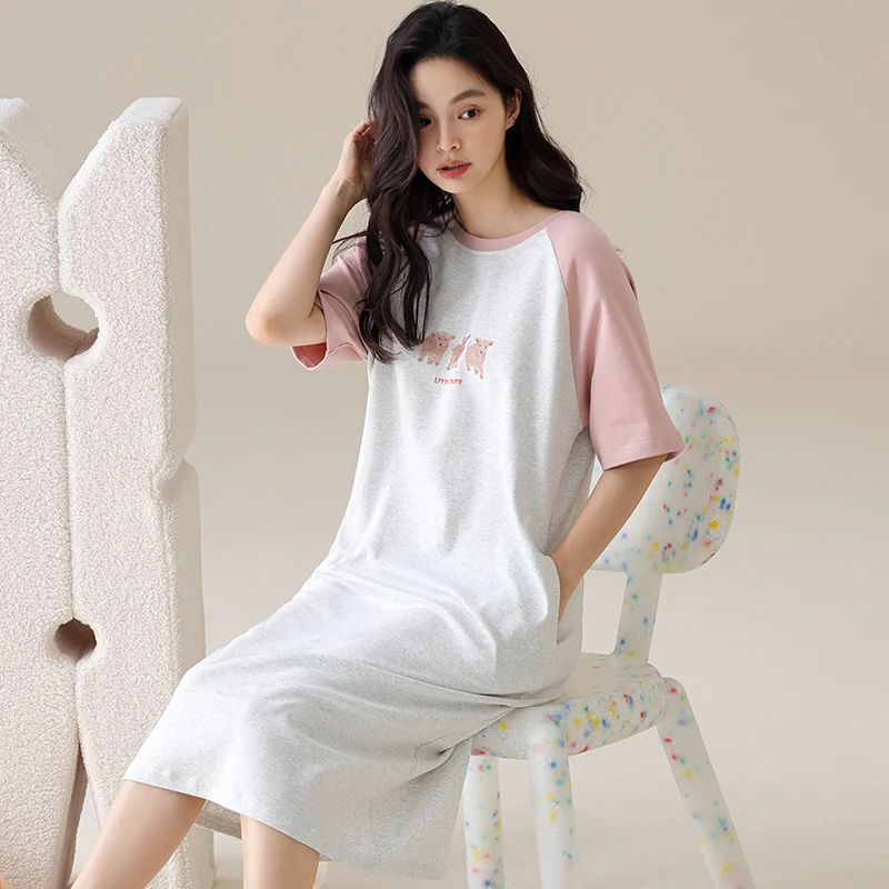 女女士家居服短袖甜美夏天老婆睡衣透气睡裙夏季圆领长裙