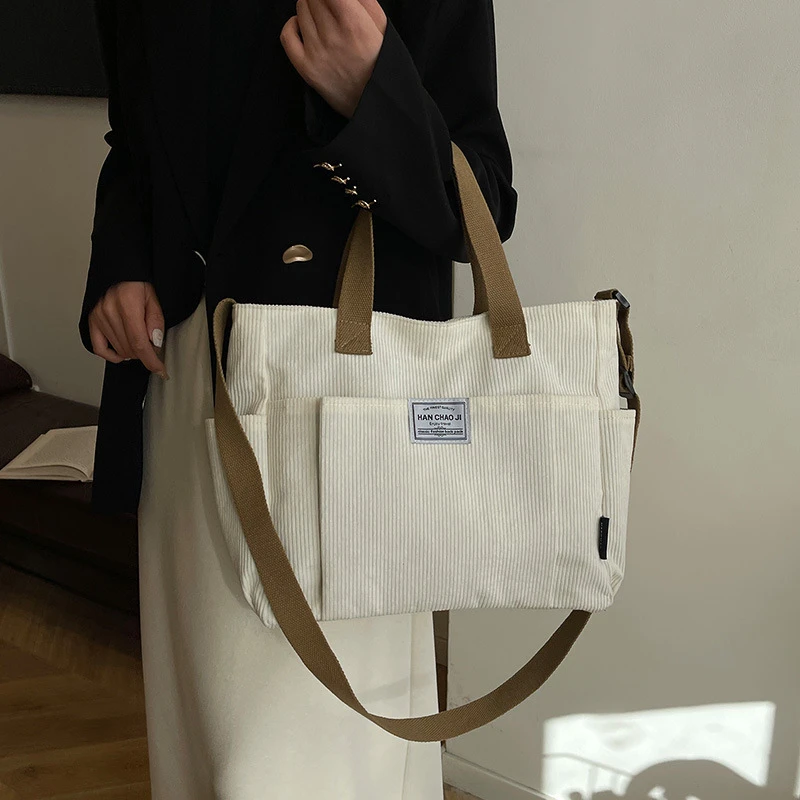 灯芯绒条纹单肩包学生通勤托特包简约休闲斜挎包多口袋电脑手提包