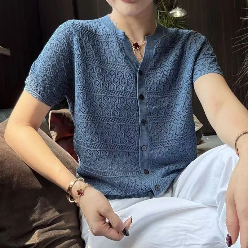 莱赛尔天丝~V领纯色镂空针织开衫短袖女简约百搭打底衫上衣 2116