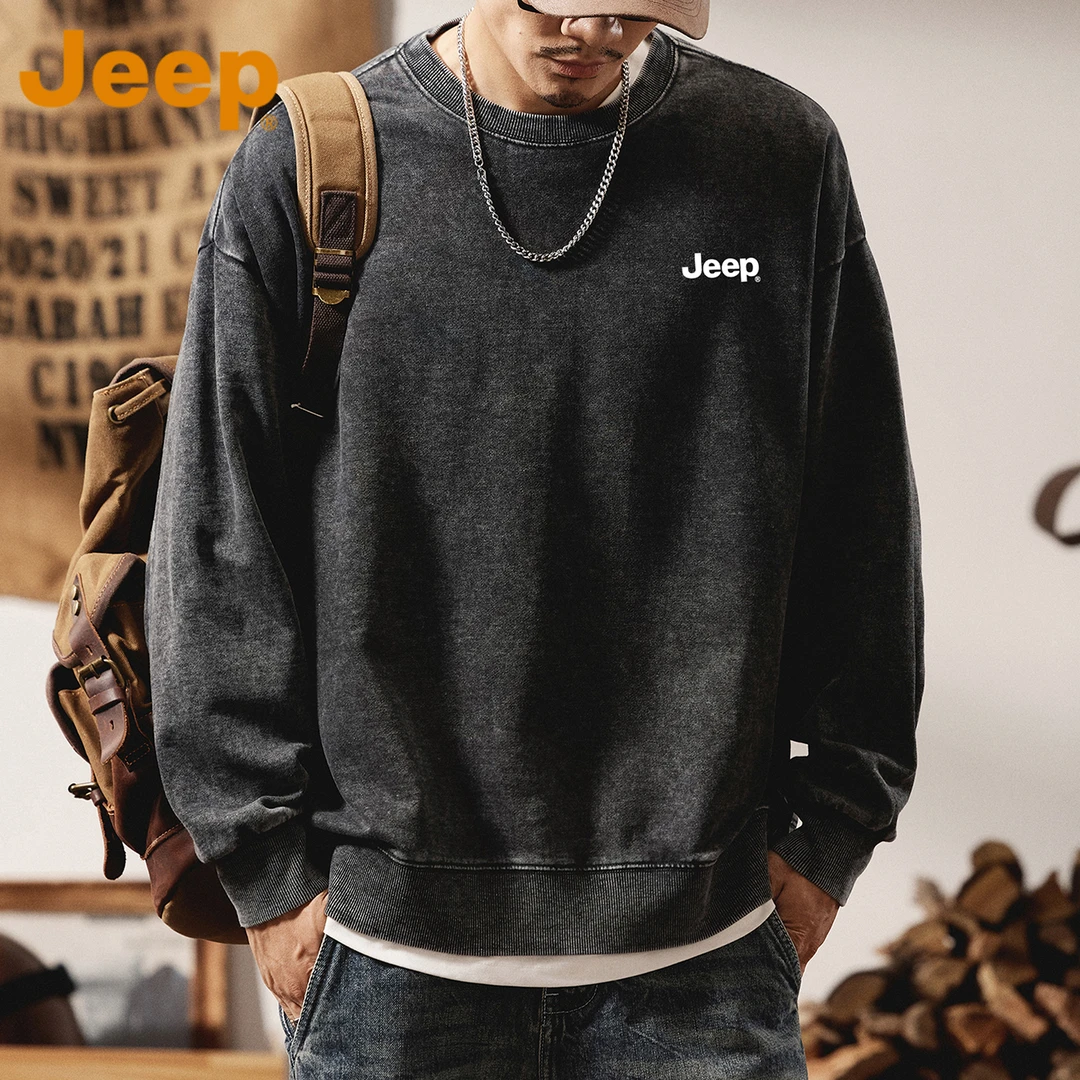 JEEP吉普美式重磅圆领卫衣男款春秋季高级感宽松痞帅上衣外套男士