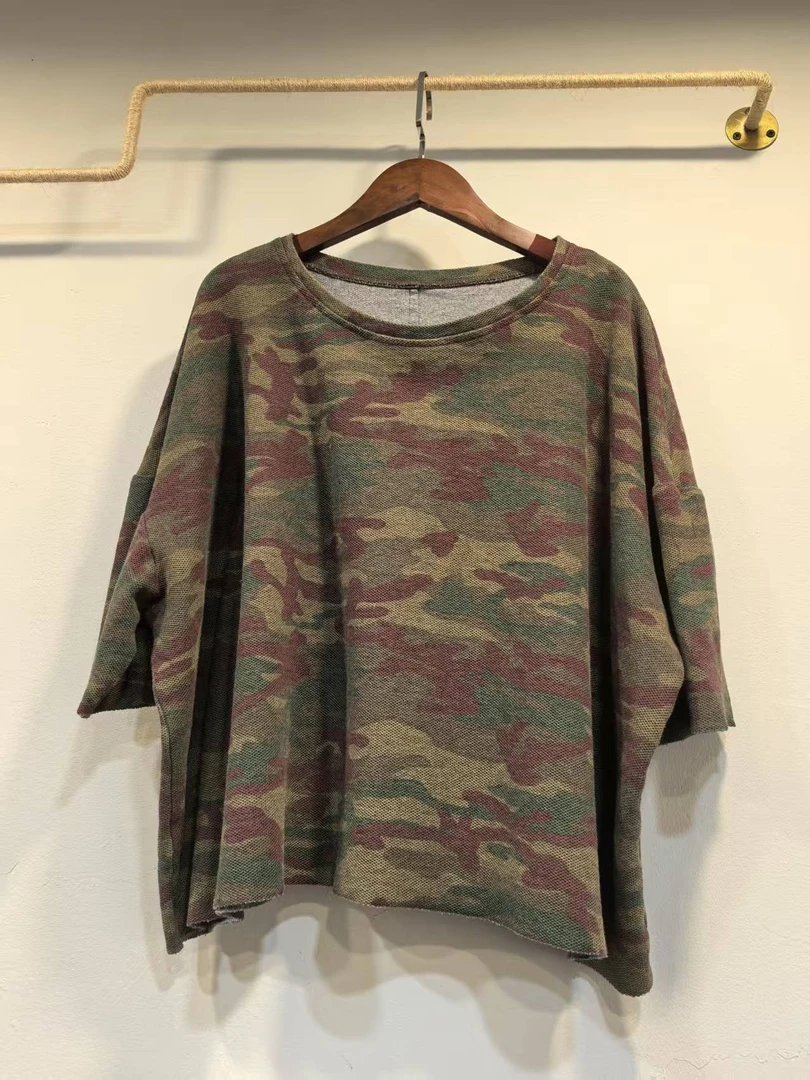 新款休闲时尚宽松复古做旧扎染圆领女士短袖