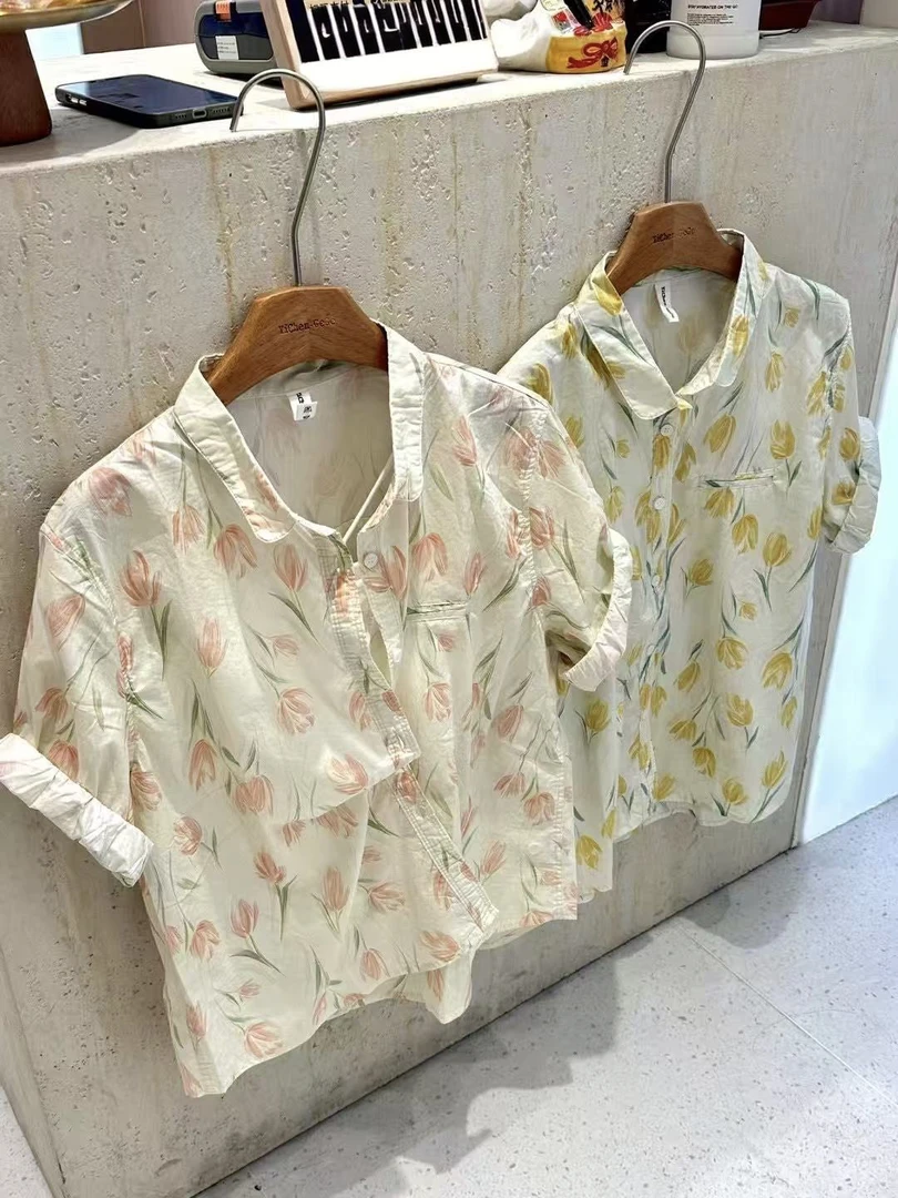 春夏新款纯苎麻印花衬衫上衣宽松小衫文艺