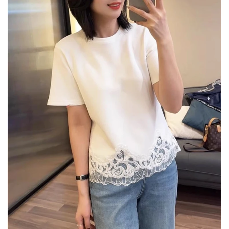 大码圆领夏季白色正肩短袖t恤女2025新款超好看百搭出游服装女