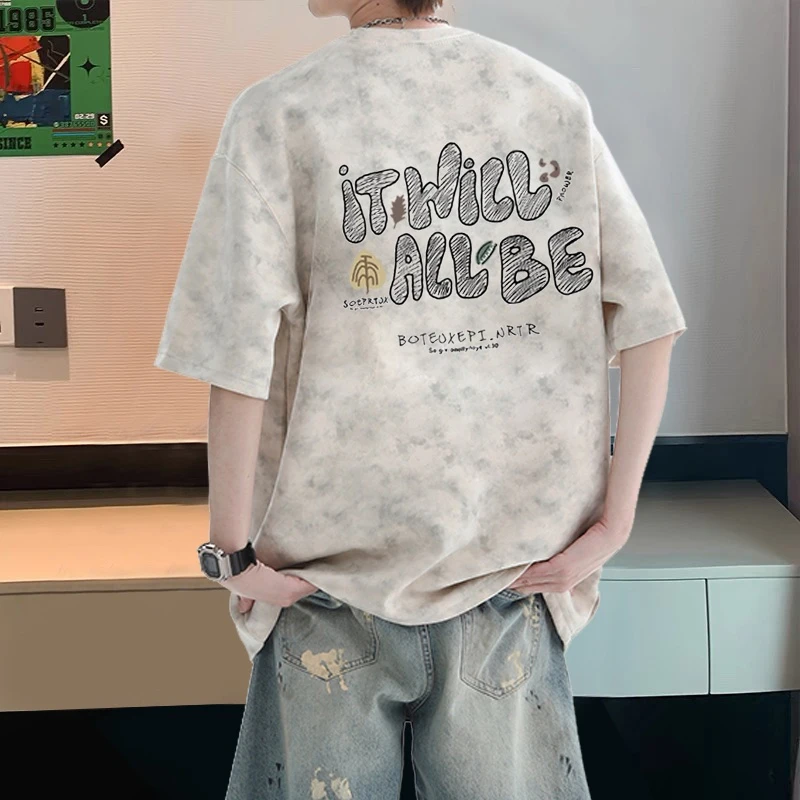 潮牌美式扎染纯棉短袖t恤男生夏季大码宽松港风休闲复古印花半袖