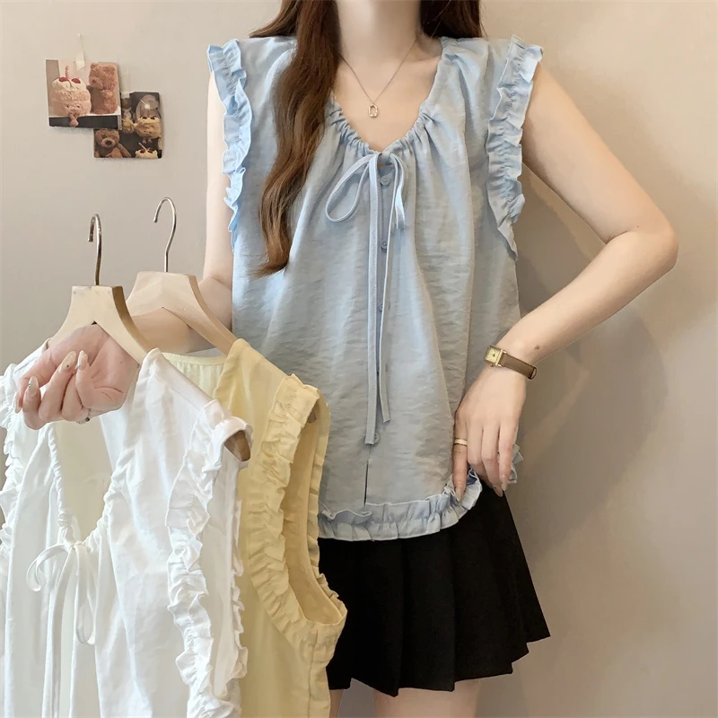 大码夏季韩系甜美减龄木耳边V领系带背心显瘦衬衫女