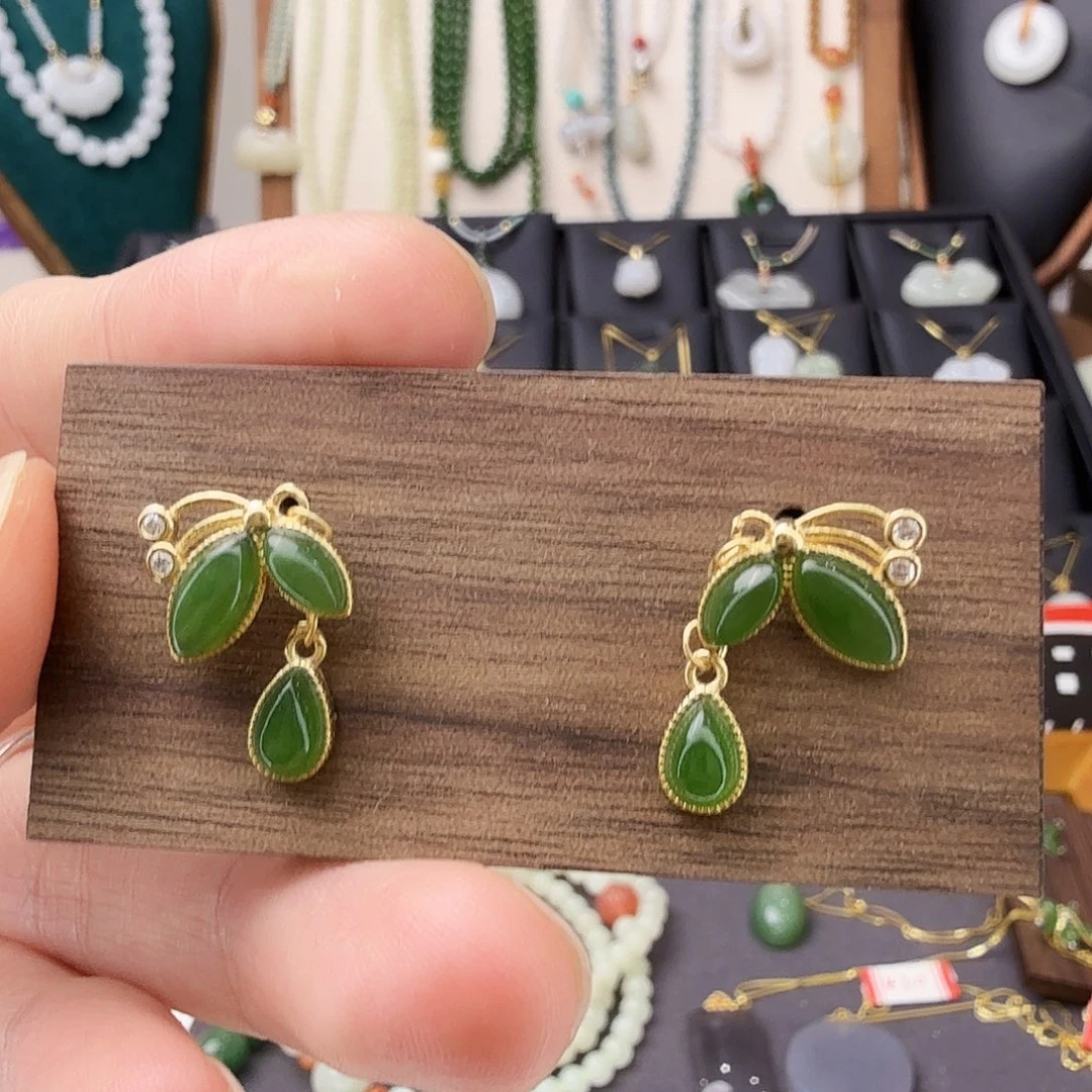 和田玉银S925镶嵌耳饰