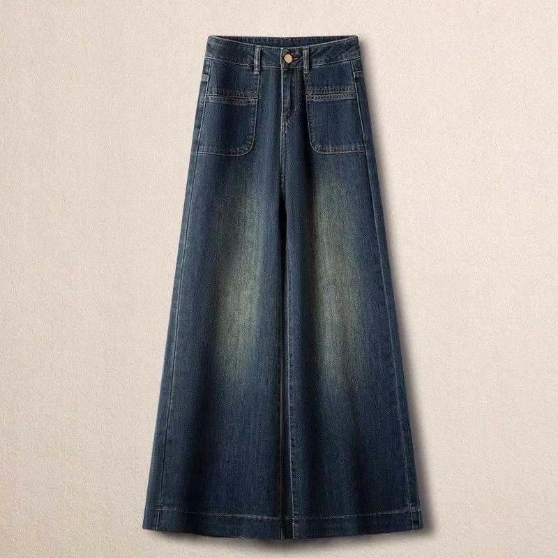 港风大码阔腿牛仔裤女2025年春秋季新款美式复古高腰显瘦宽松长裤