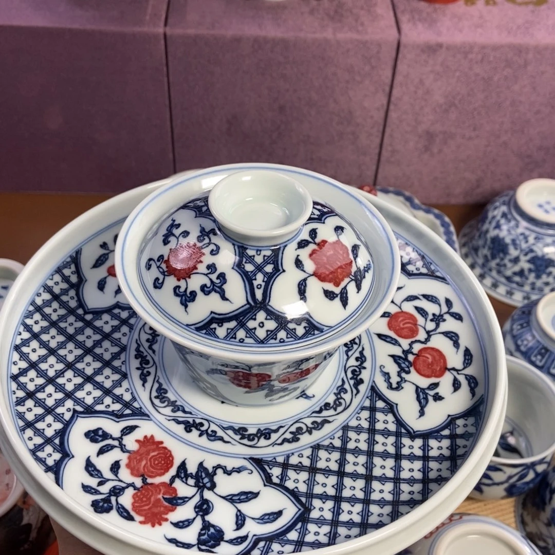 陶阳春白雪釉里红开窗三多套组