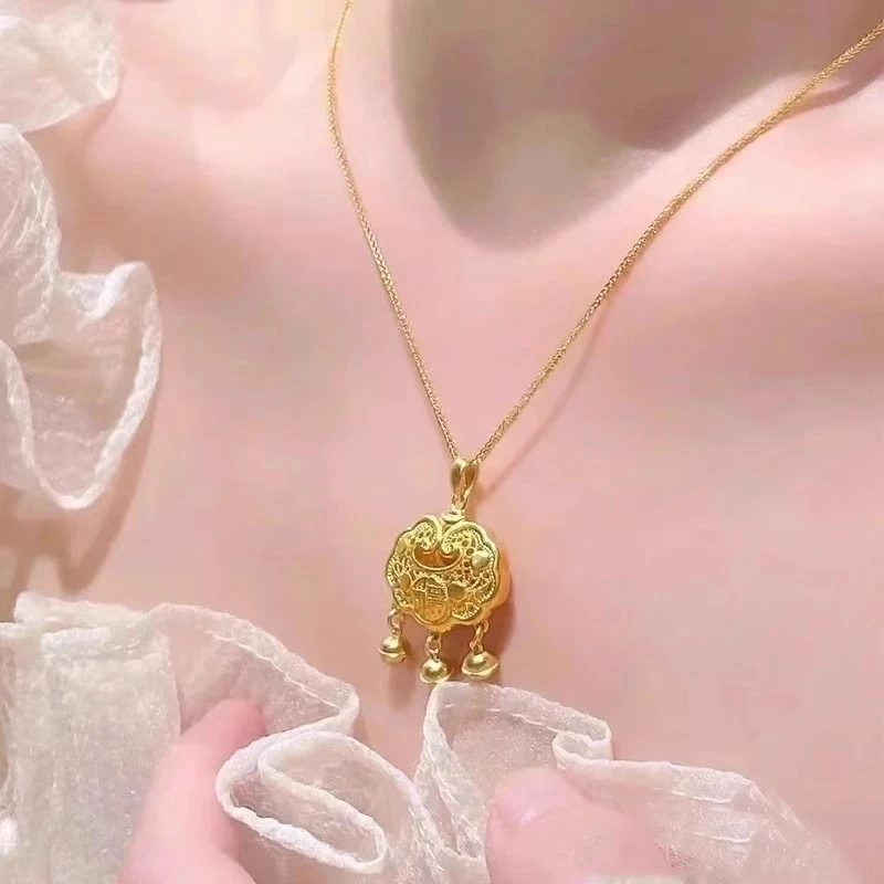 铜合金项链 金店同款如意锁古法周岁富字锁吊坠项链送女友宝宝锁