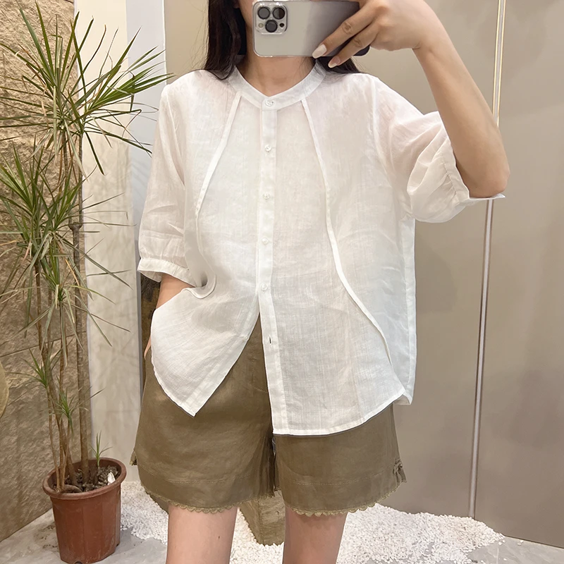 夏季圆领衬衫天丝苎麻上衣薄款百搭文艺休闲宽松显瘦纯色衬衣女