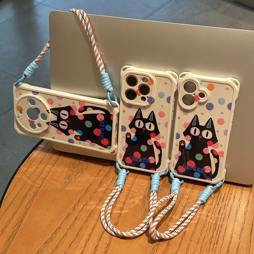 BANCA彩色波点黑猫适用苹果16promax手机壳华为oppo小米15vivo套