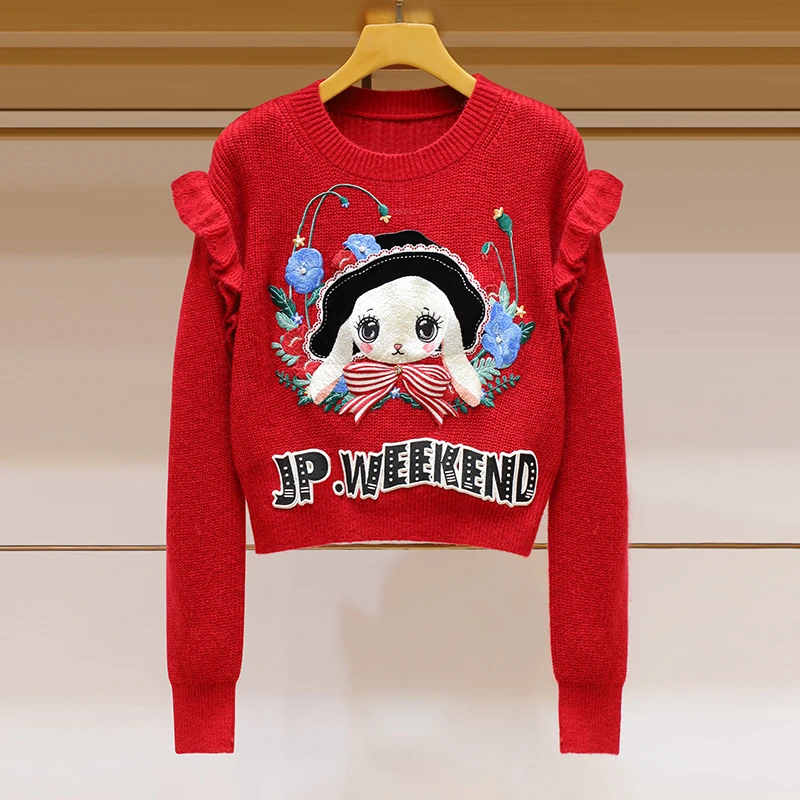 2023冬装新款时尚圆领俏皮兔子刺绣图案荷叶边点缀针织衫上衣百搭