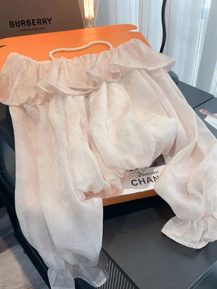 法式浪漫一字肩荷叶边长袖印花衬衫#8207