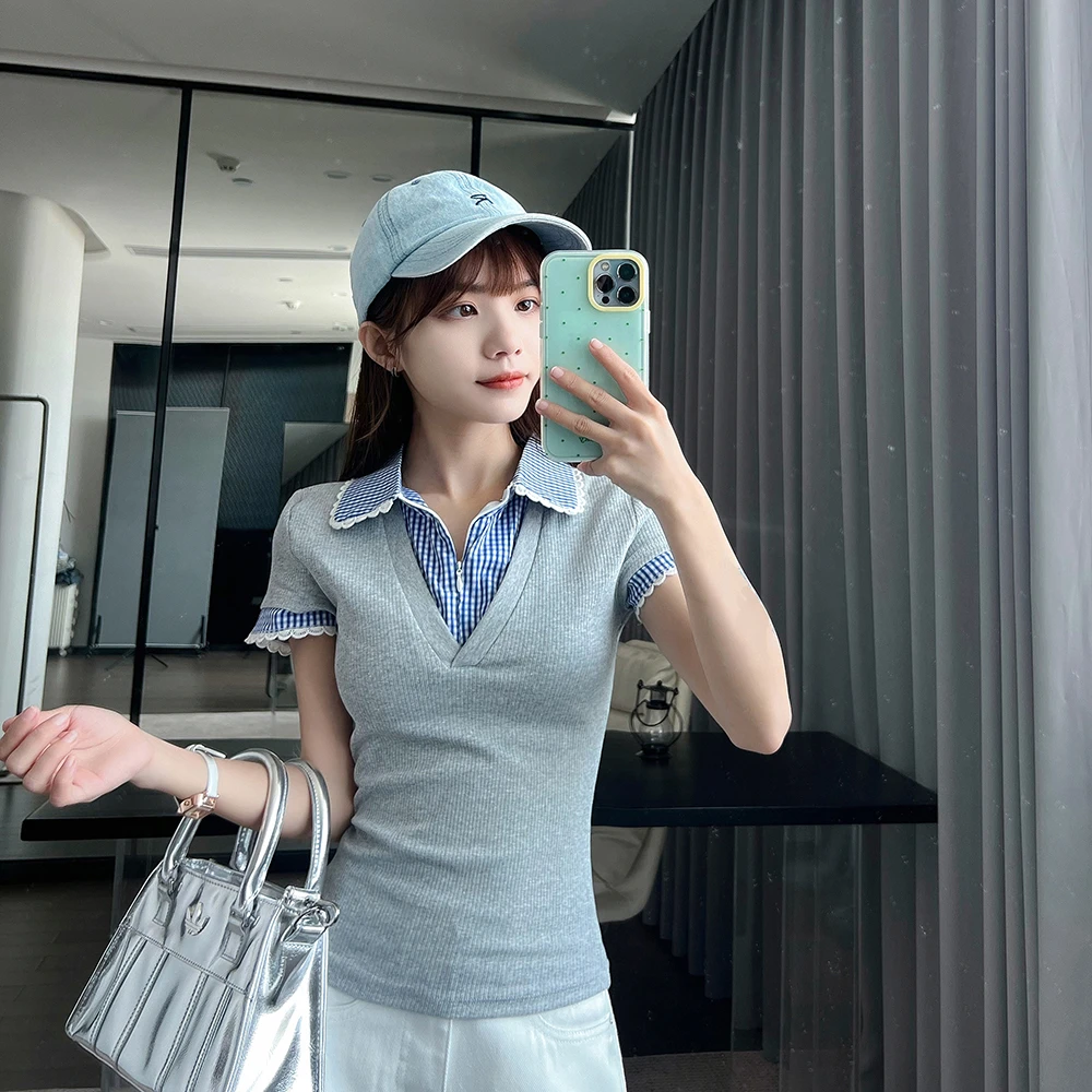 王家有鱼【小个子定制】春夏新款假两件拼接格纹花边翻领短袖T恤女W