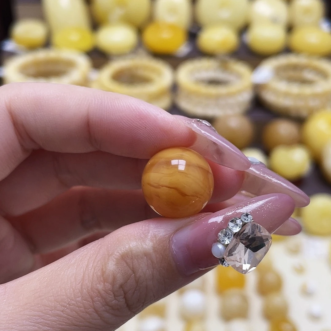 琥珀未镶嵌裸石15.3mm氧化款妖花圆珠