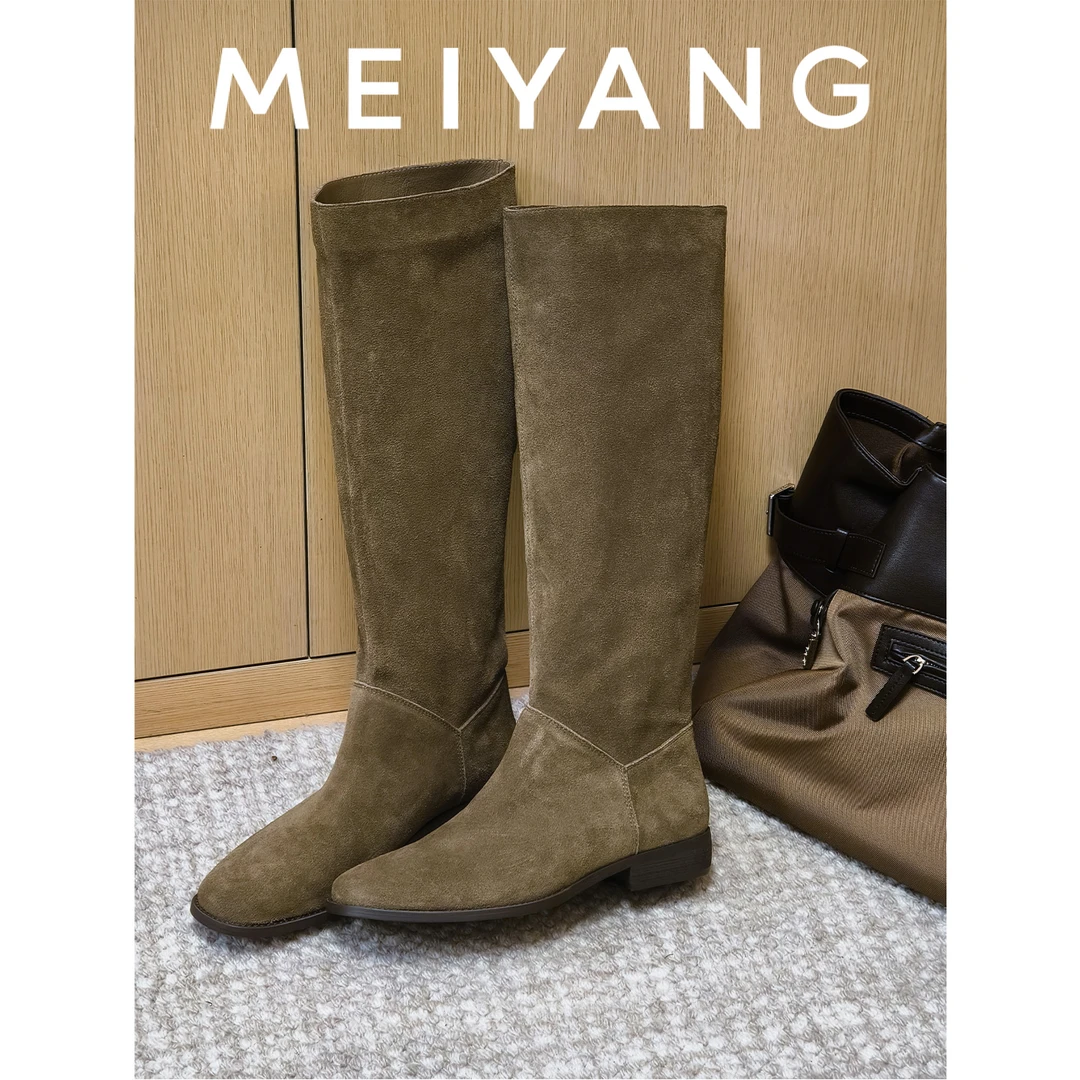 A美洋MEIYANG 瘦瘦女高靴 复古短绒雾面方圆头粗跟套筒长靴骑士靴