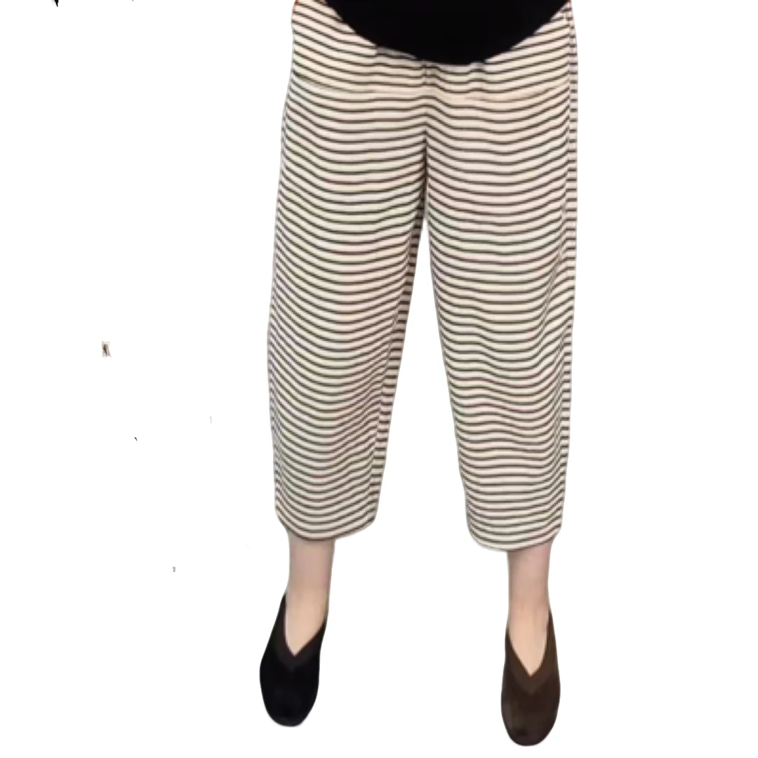 时尚休闲条纹皱皱棉宽松女裤简约百搭