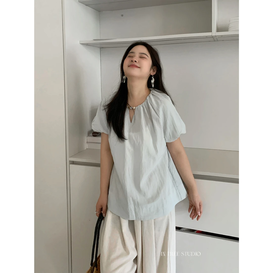 In Tree张桶桶【夏日冰萃】清新韩系小衫泡泡袖上衣短袖衬衫ST51139