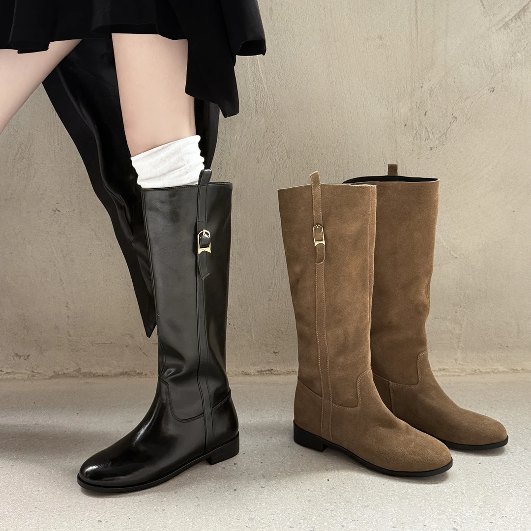 2025秋冬新款时尚高筒骑士靴子粗跟复古百搭中跟不过膝长靴女加绒