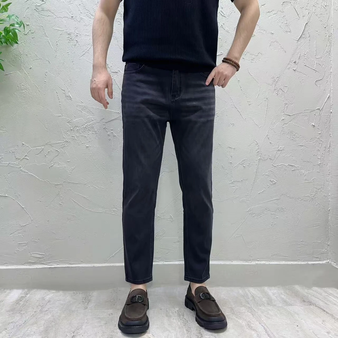 【九分】秋季合身小直筒垂顺微弹灰黑色牛仔裤时尚百搭男士