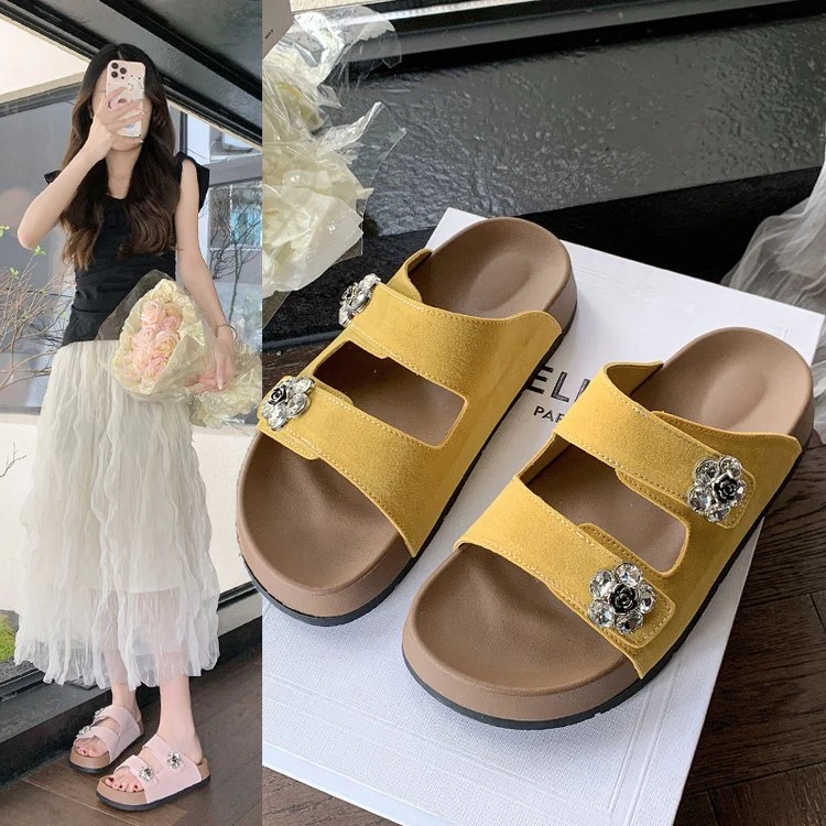 2025新款韩版简约厚底凉拖鞋山茶花魔术贴时尚休闲风沙滩拖鞋女夏