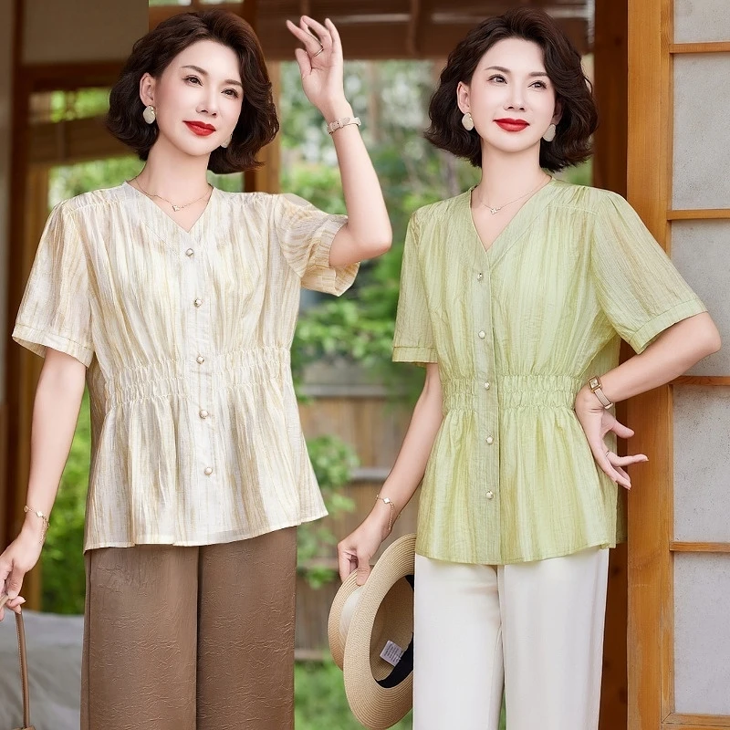 年轻妈妈夏装气质短袖T恤中年女显瘦小衫洋气时尚中老年上衣衬衫