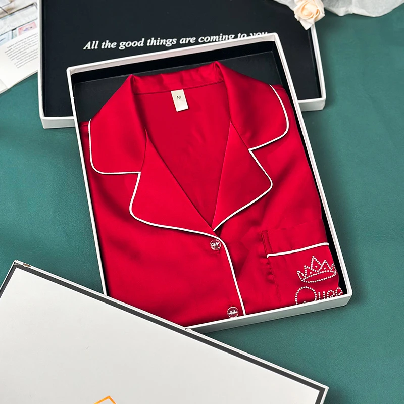 Sifuma/斯服玛《皇冠》睡衣女春秋长袖红色本命年冰丝洋气套装