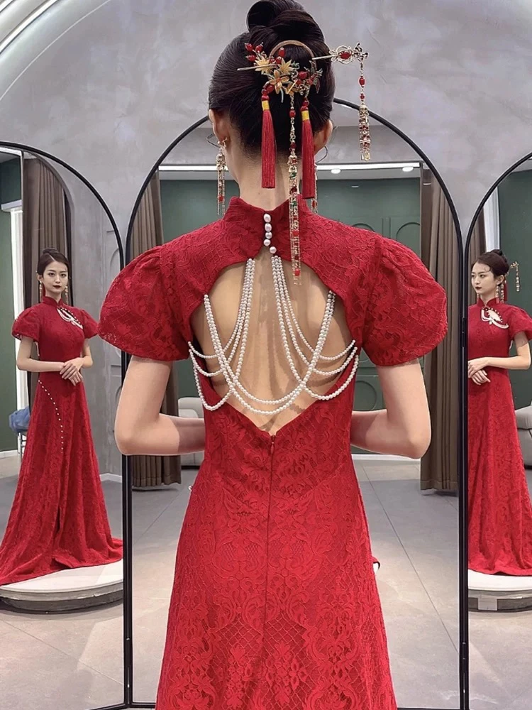 直播链接断码特价鱼尾敬酒服新娘酒红色订婚旗袍晚礼服中式开叉裙