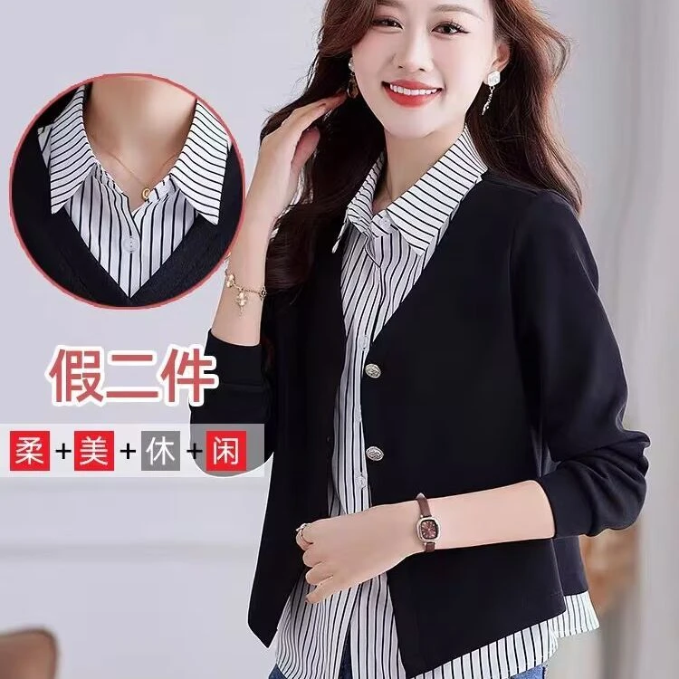 假两件衬衫女长袖2025年春季新款时尚气质通勤针织打