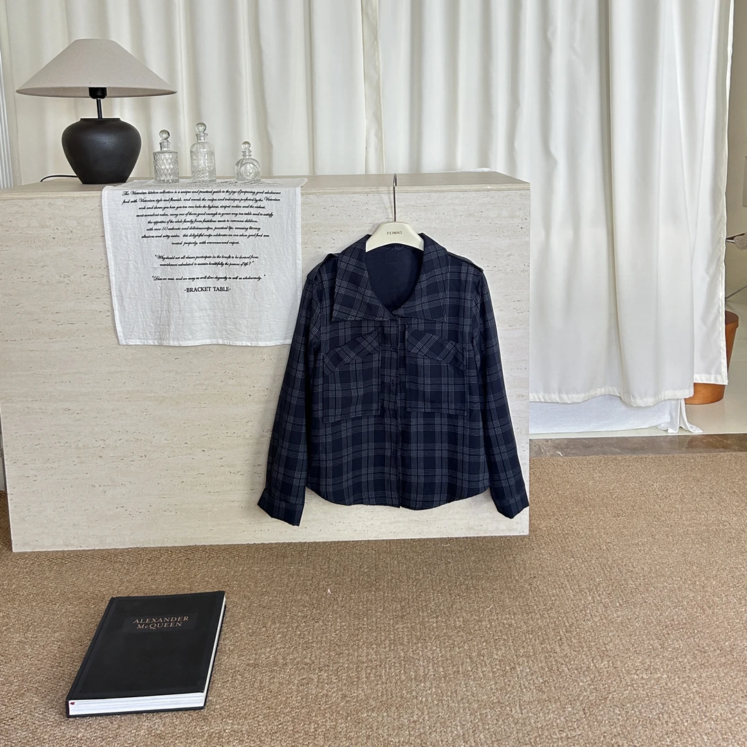 【赵小小&格纹手书】8793 港风格子长袖上衣设计感翻领宽松格纹衬衫