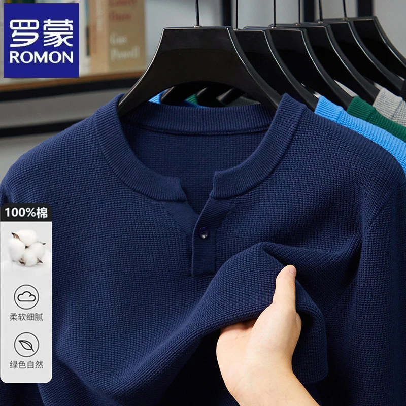 【100%纯棉】罗蒙休闲简约纽扣圆领长袖针织衫秋冬季男士纯色毛衣潮