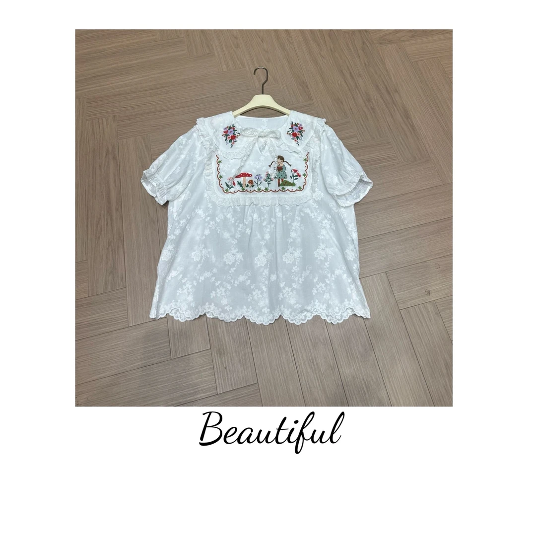 夏季新款衣娃娃领重工刺绣衬衫复古绣花蕾丝短袖甜美