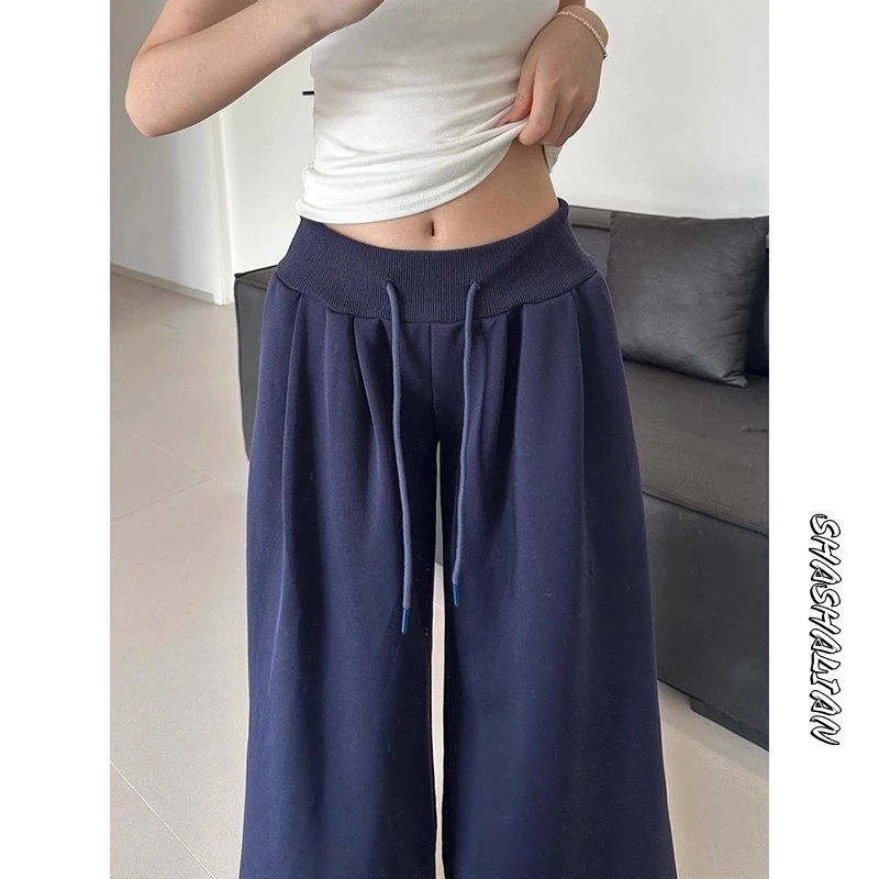 藏青色慵懒阔腿运动裤女夏季2025新款春秋设计感休闲直筒拖地卫裤