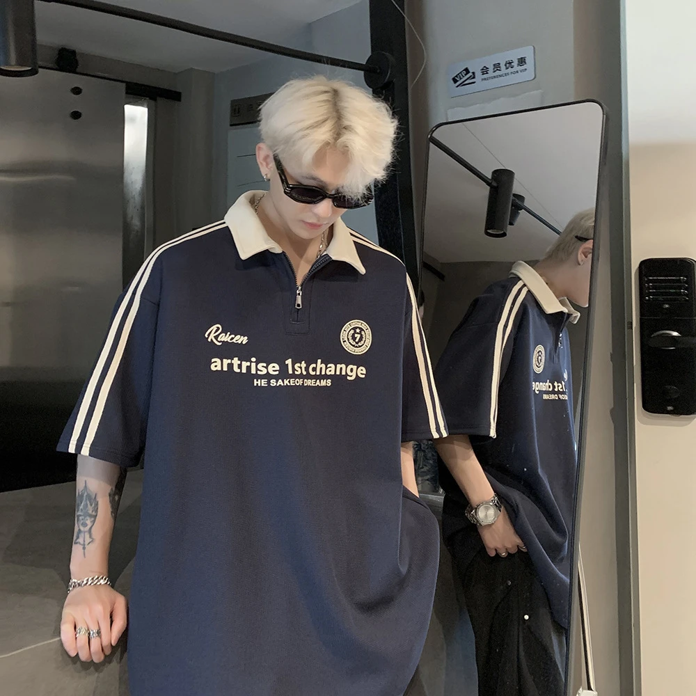 美式高街短袖polo衫男夏季穿搭2024新款半拉链领半袖t恤痞帅衣服