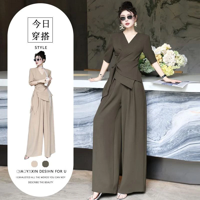 高级感洋气套装2025夏季新款大码气质V领绑带上衣阔腿裤两件套装